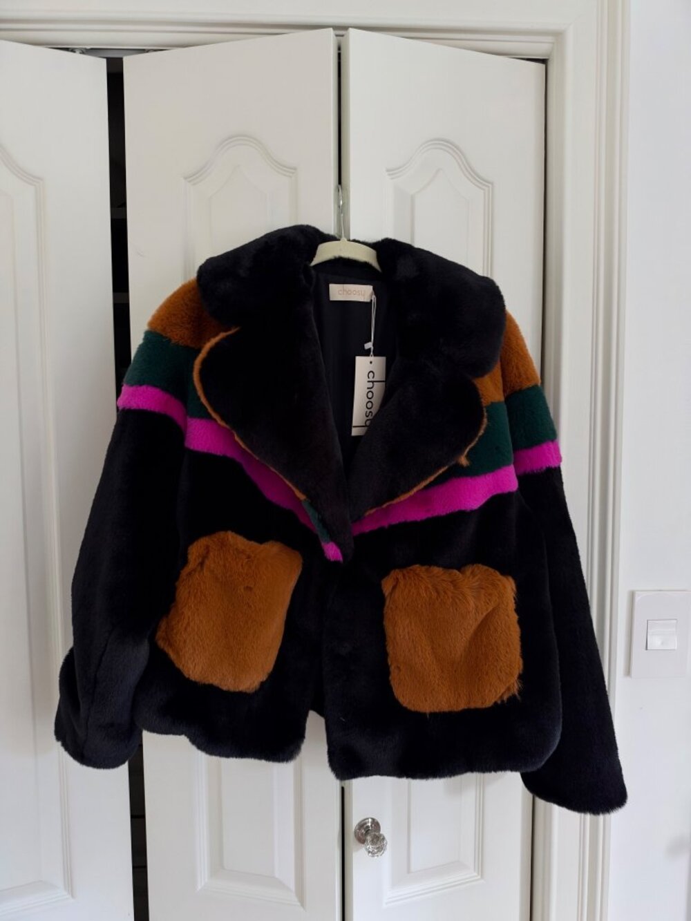 Choosy Faux Fur Color Block Jacket Black Pink Green Size XS
